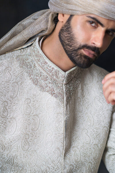 Traditional embroidered groom sherwani with hand-finished collar and sleeves – luxury wedding outfit by Nauman Arfeen