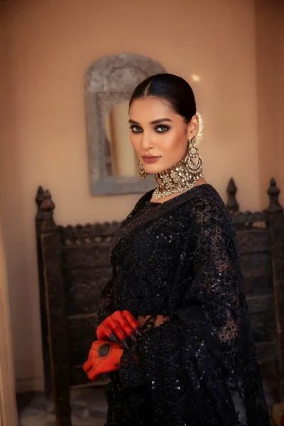 Stunning Black Saree with Mesmerizing Moti Embellishments of naushemian by nauman arfeen top wedding designer, top designer wedding dresses , best designer in the world lehenga for women and waist coat for men, bridal collection