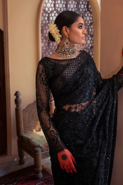 Stunning Black Saree with Mesmerizing Moti Embellishments of naushemian by nauman arfeen