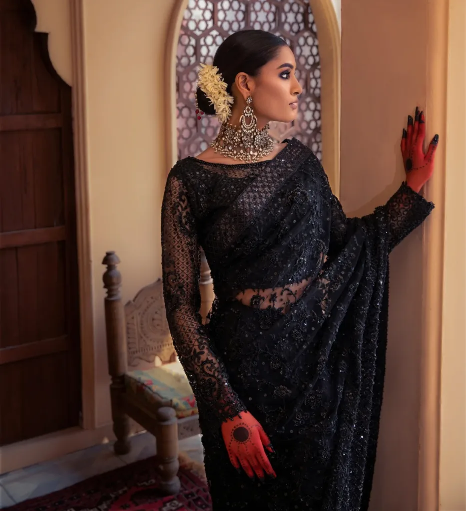 Stunning Black Saree with Mesmerizing Moti Embellishments of naushemian by nauman arfeen