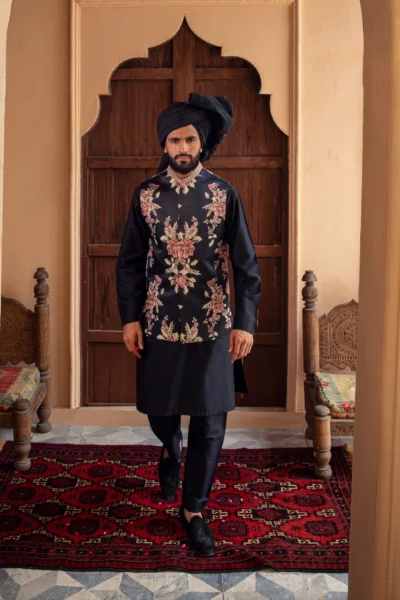 Floral Embroidered Black Waistcoat