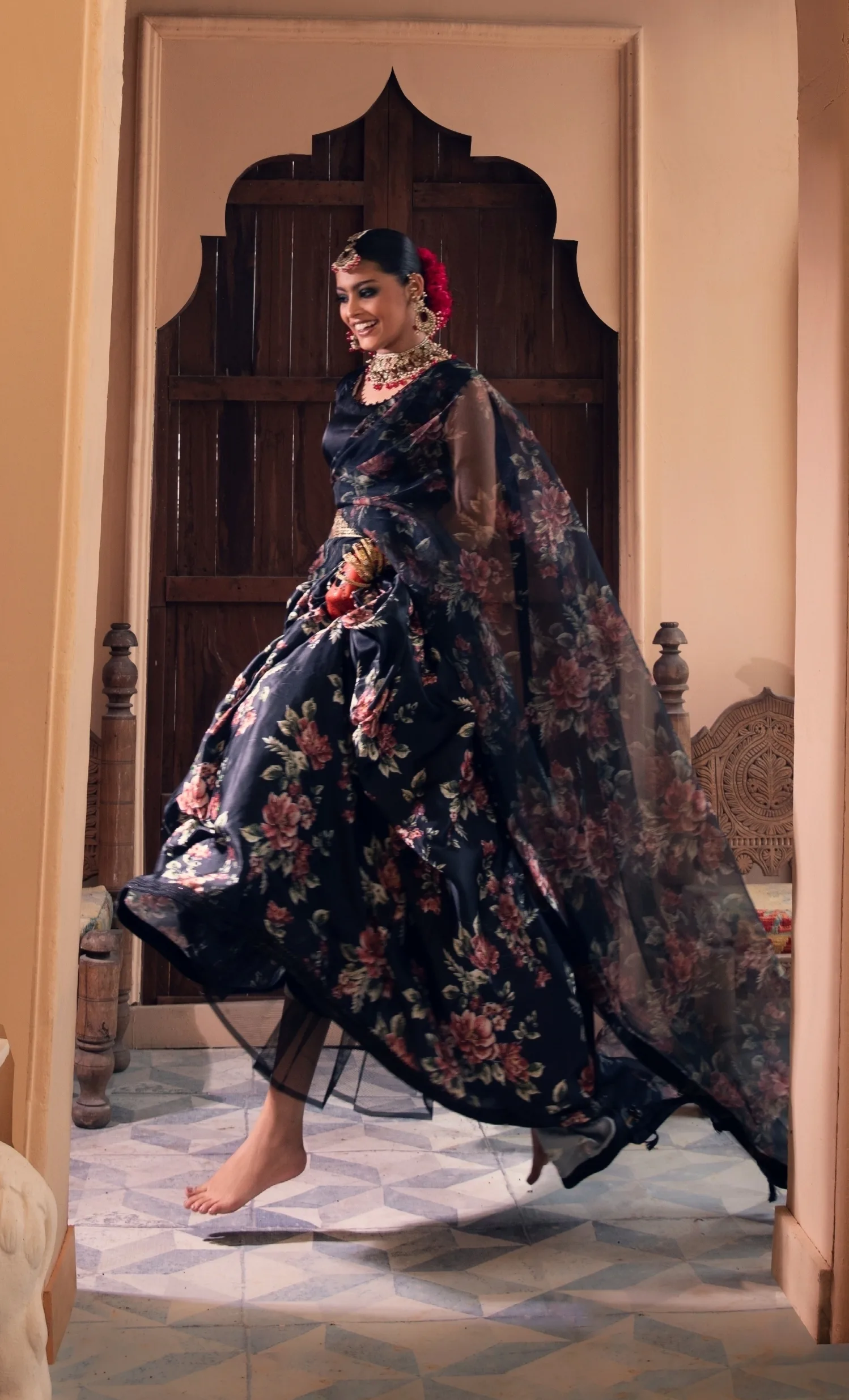 top wedding designer, top designer wedding dresses , best designer in the world lehenga for women and waist coat for men, bridal collection FLORAL BLACK GOWN - Wedding Dresses & Party Dresses Meeshki