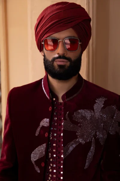 LUXURIOUS MEN'S VELVET MAROON PRINCE COAT FEATURING CUT DANA EMBELLISHMENT