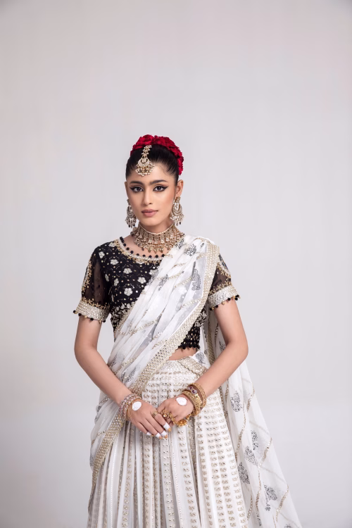 black and white ladies dress wedding wear for groom by nauman arfeen
