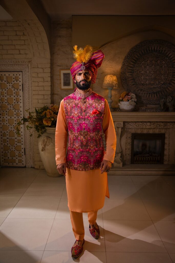 Cardinal Waistcoat with Festive turban and Kurta Set