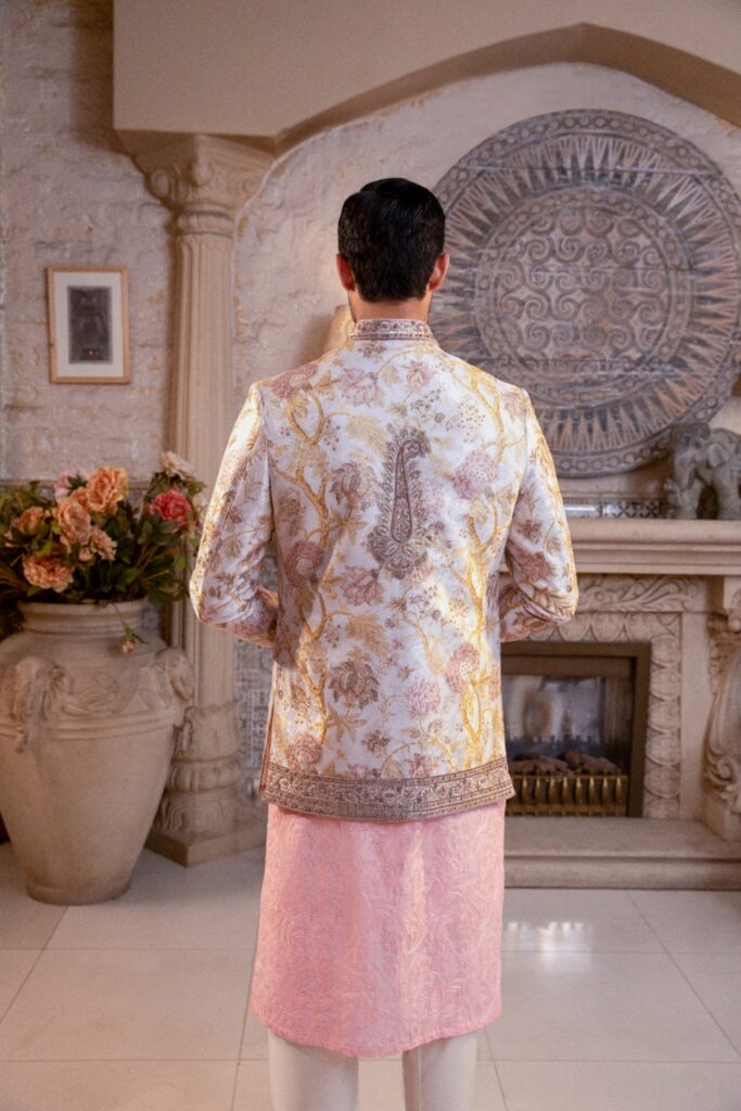 Peal white Prince coat with Gold embroidery - buy Prince coat of the best designer in Pakistan