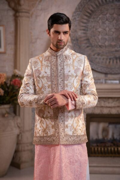 Peal white Prince coat with Gold embroidery - buy Prince coat of the best designer in Pakistan