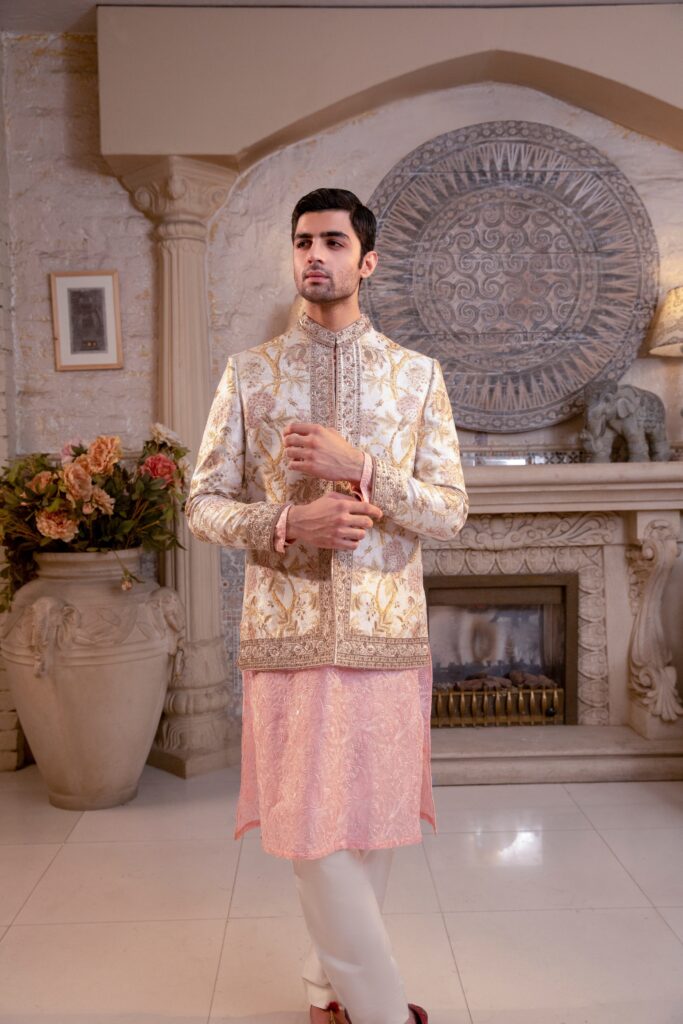 Peal white Prince coat with Gold embroidery - buy Prince coat of the best designer in Pakistan