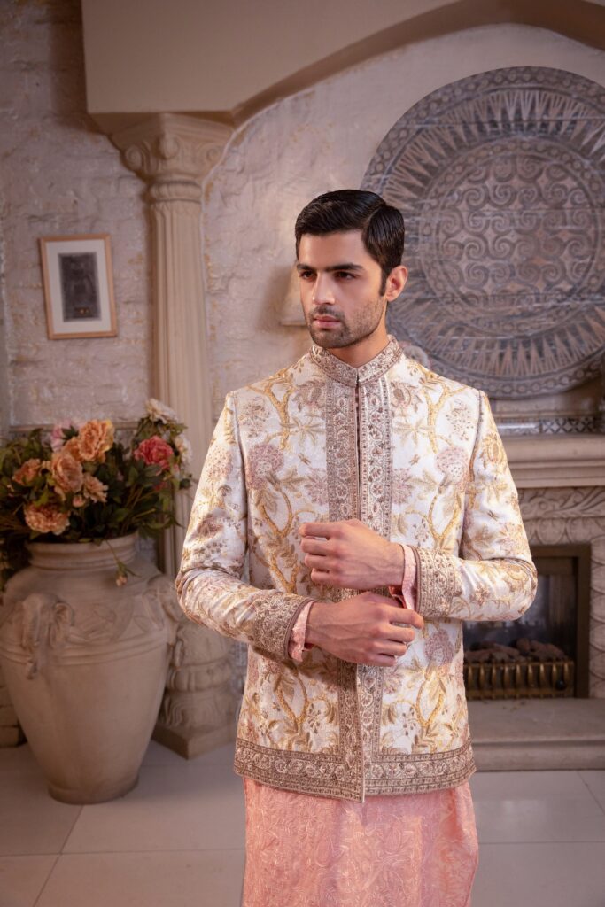 Peal white Prince coat with Gold embroidery - buy Prince coat of the best designer in Pakistan
