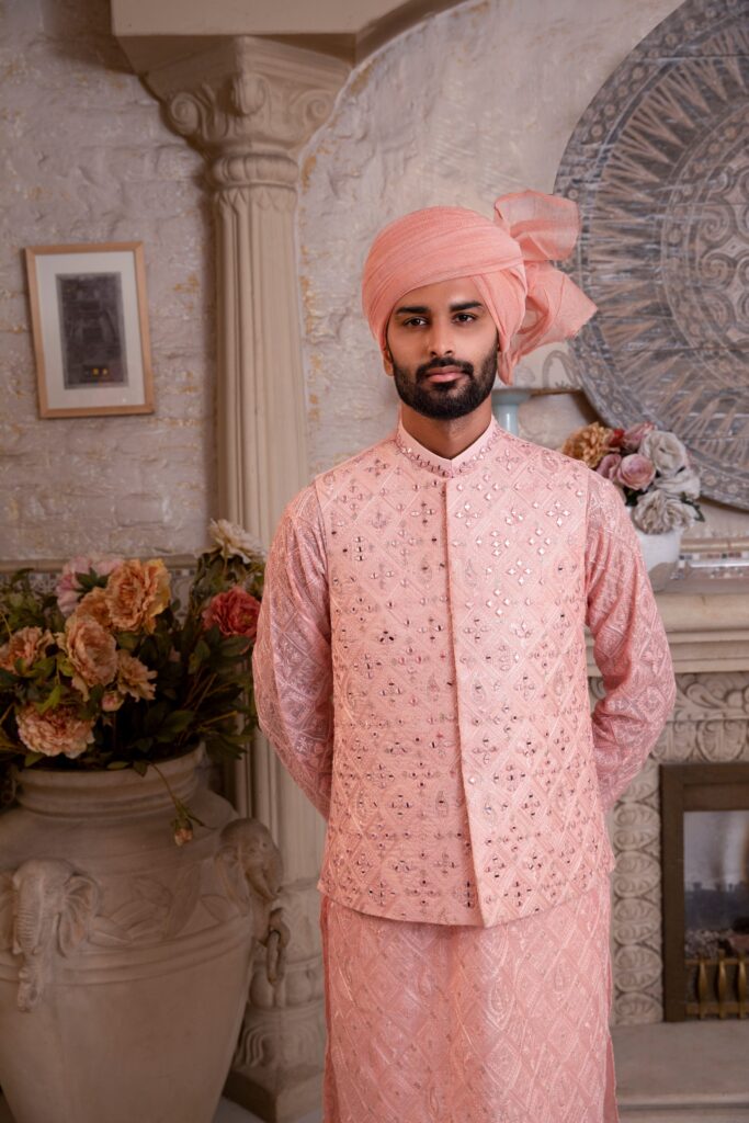 SALMON MIRROR EMBROIDERED WAISTCOAT FOR MEN shadmani wedding Collection