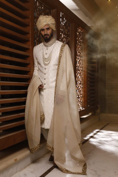 vory Off-White Sherwani, with its matching turban, inner suit, and shawl