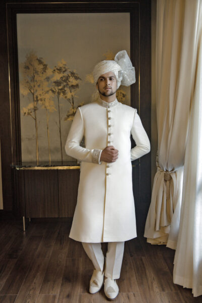 Self Weaved Groom Sherwani - White Sherwani for Groom