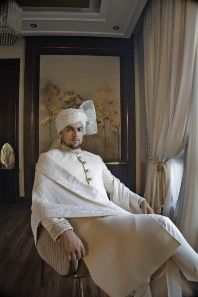Self Weaved Groom Sherwani - White Sherwani for Groom