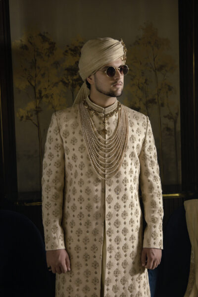 Shahi Motif Gold Groom Sherwani - Golden Sherwani for Groom - Farhaad - Traditional Pakistani groom Sherwani for Groom - White sherwani for groom - ivory white sherwani - best sherwani in karachi