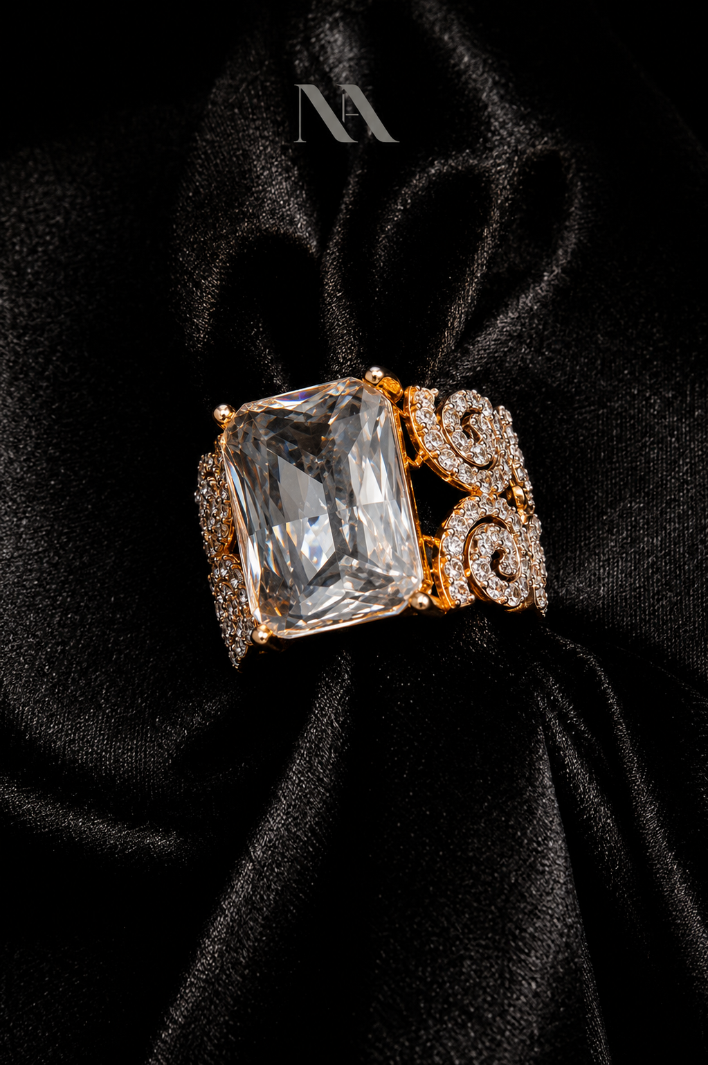 Ring Magnificent rose-gold statement ring with an oversized rectangular clear crystal. Vintage filigree wedding or commitment ring