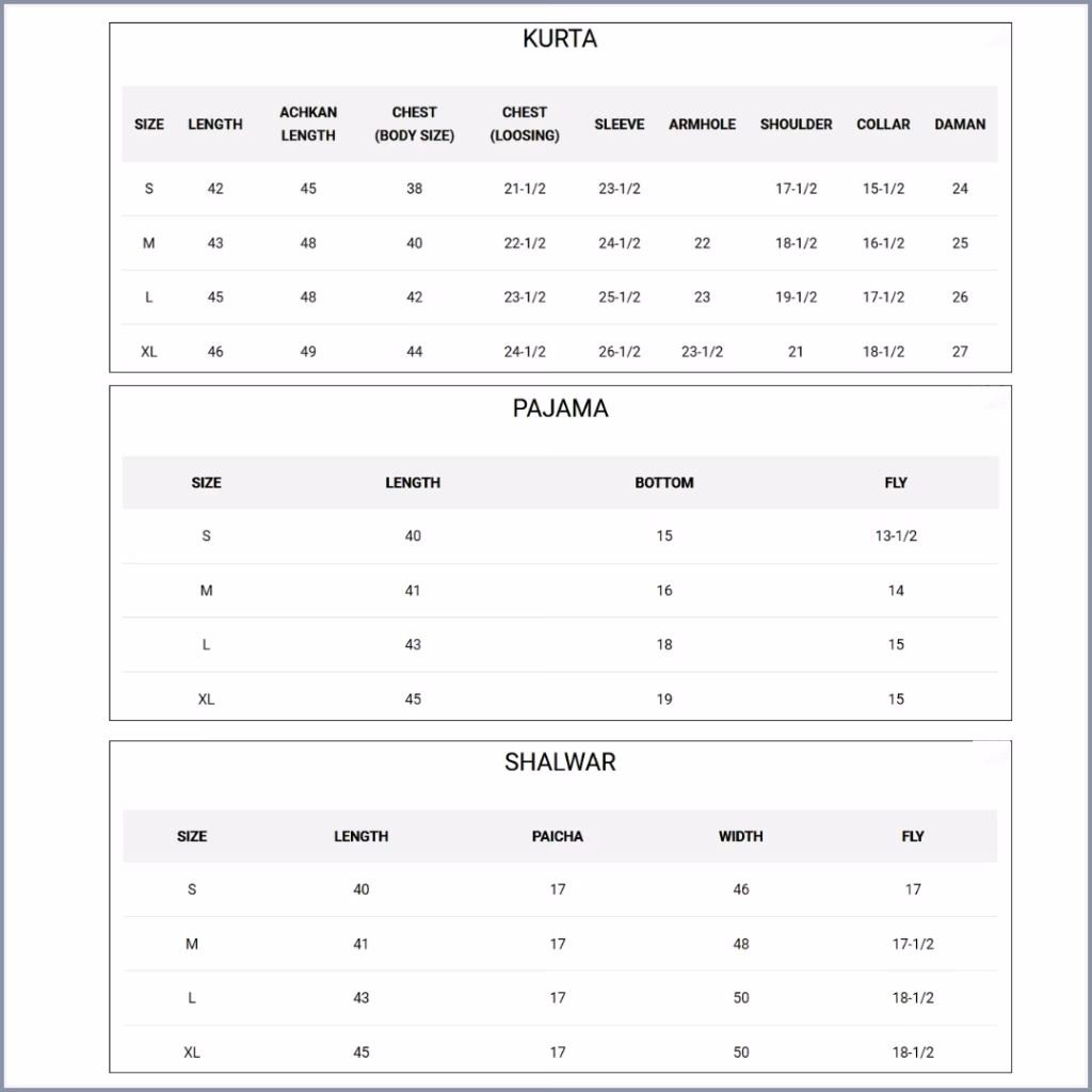 kurta for men size chart - Naushemian by Nauman Arfeen