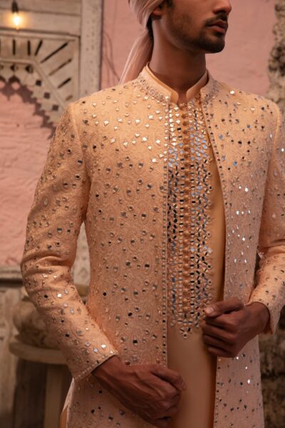 Rêverie Luxe Sherwani — a front-open sherwani jacket designed for the modern Pakistani groom