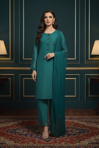 Karandi ladies dress with crochet buttons, tissue sleeves with embroidery, raw silk trousers with lace, and chiffon dupatta.