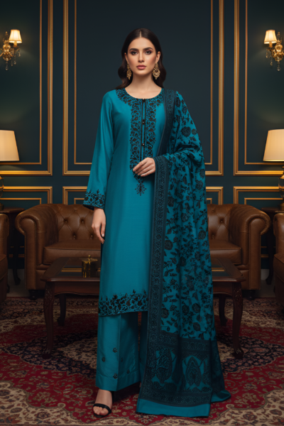 MIDNIGHT REGALIA LADIES DRESS karandi suit with black thread embroidery. Raw silk trouser and Jacquard Banarasi shawl.