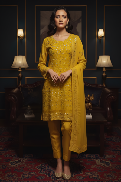 Sunlit Yellow Mirror-Work Dress | Chiffon Block Print Luxury Ladies dress