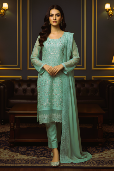 Green Mirror Work Ladies Dress Set | Chiffon Block Print Luxury