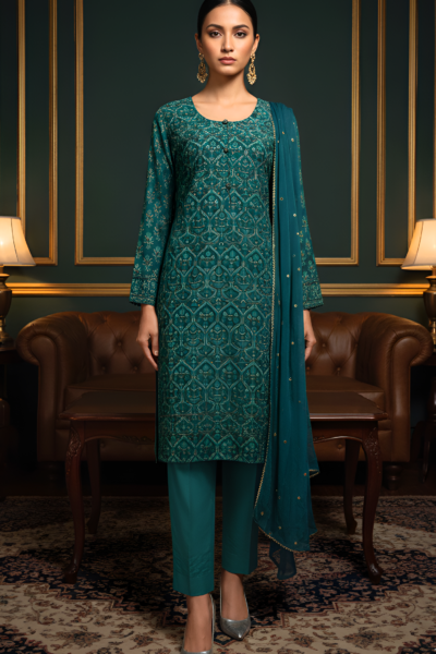 full block print kameez and a delicate chiffon dupatta twinkling with shimmering 'chan' accents. Paired with luxurious raw silk pajamas.