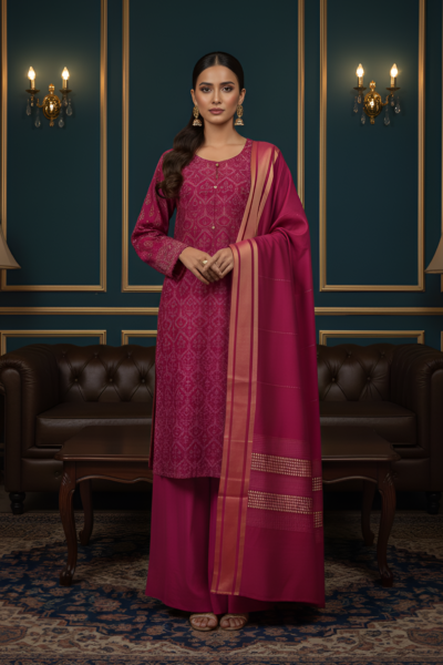 Pink Ladies full block print kameez set with wide leg raw silk pajama. Karandi dupatta with glittery lines