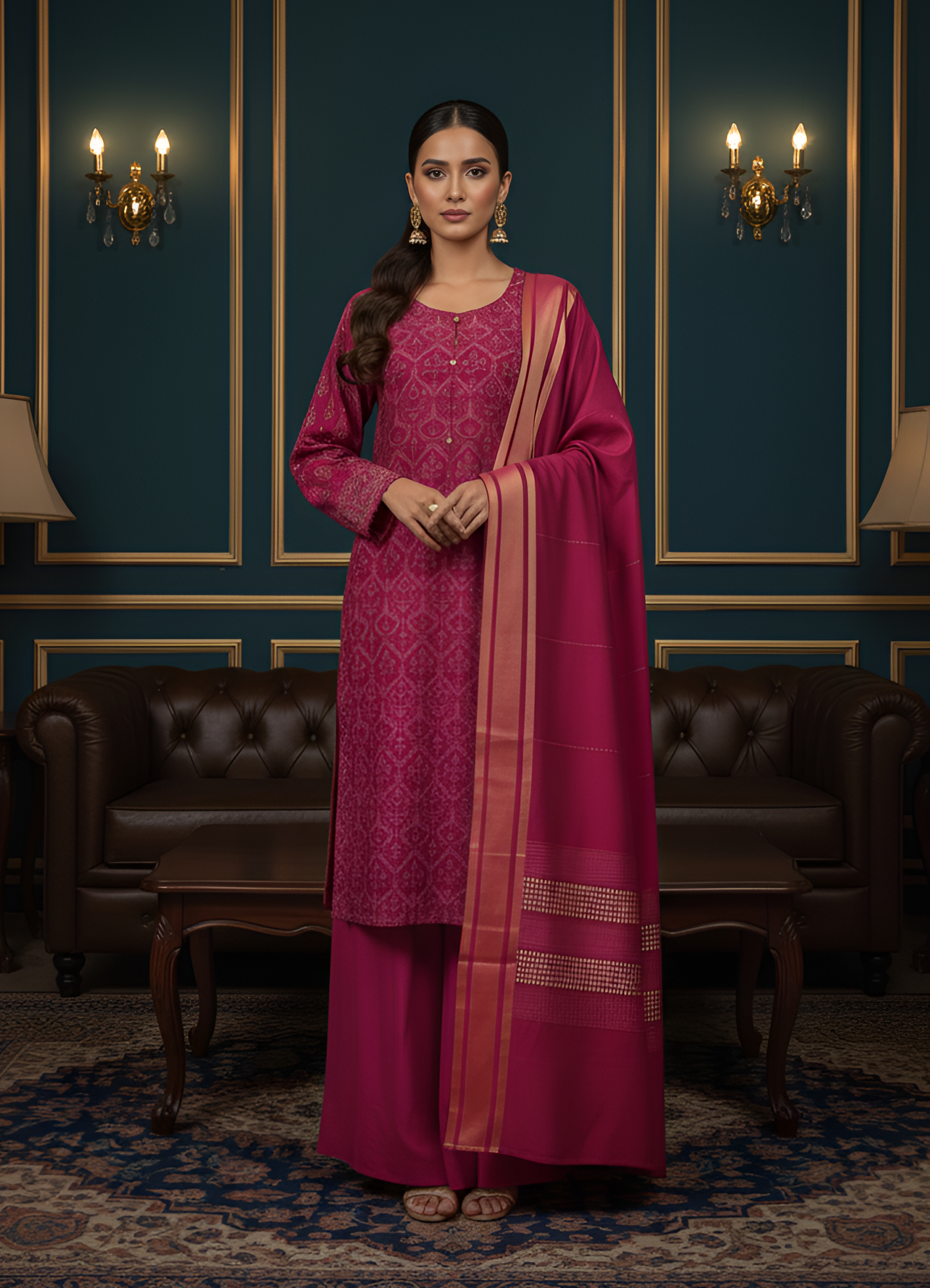 Pink Ladies full block print kameez set with wide leg raw silk pajama. Karandi dupatta with glittery lines Pink Ladies full block print kameez set with wide leg raw silk pajama. Karandi dupatta with glittery lines