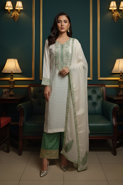 MOONLIT EMBROIDERED LADIES DRESS in ivory karandi with verdant thread embroidery and raw silk trouser