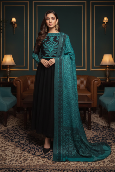 The gorgeous frock, fashioned from delicate chiffon net, features its entire upper half and sleeves draped in exquisite, detailed embroidery—a romantic declaration