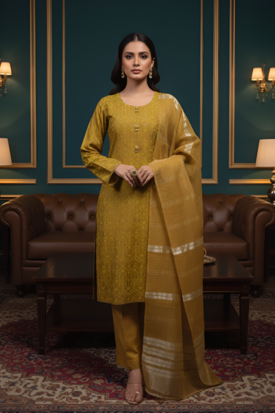 GOLDEN WHISPER Ladies Dress with full yellow block print kameez and wide leg raw silk pajama. Karandi dupatta
