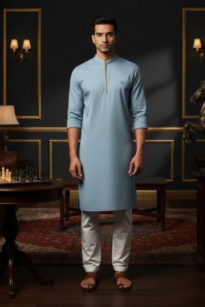 Blue Cotton Men’s Kurta with Front Zip & NA Logo | Naushemian