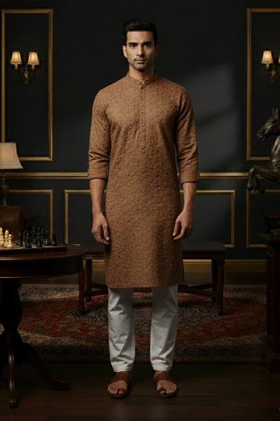 Brown Cotton Chikankari Men’s Kurta | Naushemian