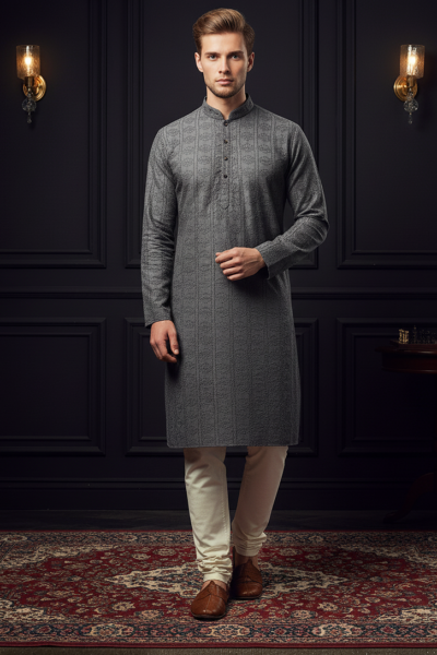 Grey Cotton Chikankari Men’s Kurta | Naushemian