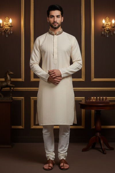 Ivory Grace – Off-White Self-Textured Cotton Men’s Kurta with Thread & Kora Embroidery
