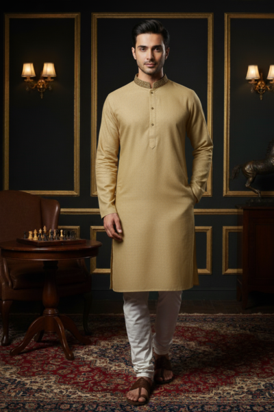 Regal Thread – Cotton Jacquard Men’s Kurta with Collar Embroidery | Naushemian