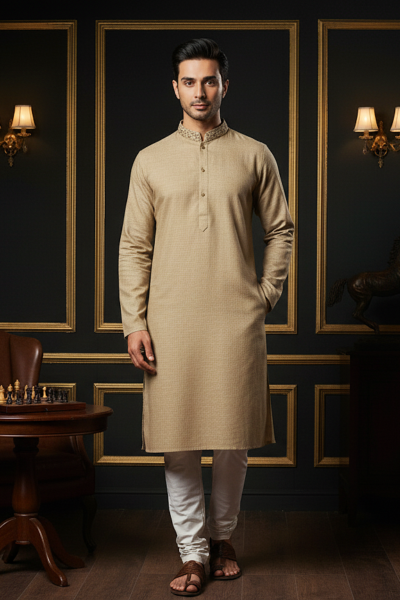 Men's cotton jacquard kurta in a textured fabric. Designer formal or festive wear.