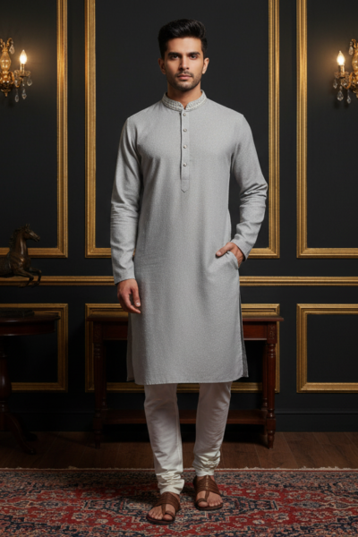 Men's gray cotton jacquard kurta in a textured fabric. SILVER SOVEREIGN designer formal wear