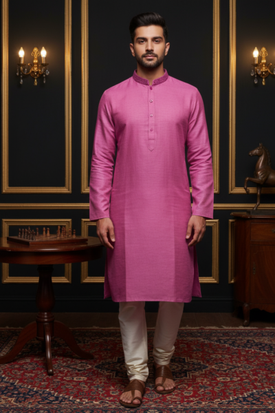 Pink cotton silk men's kurta. Luxurious formal and festive designer wear
