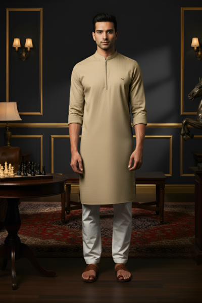 Yellow Cotton Men’s Kurta with Front Zip & NA Logo | Naushemian