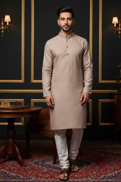 Cotton men's kurta with embroidered collar. Classic designer wear