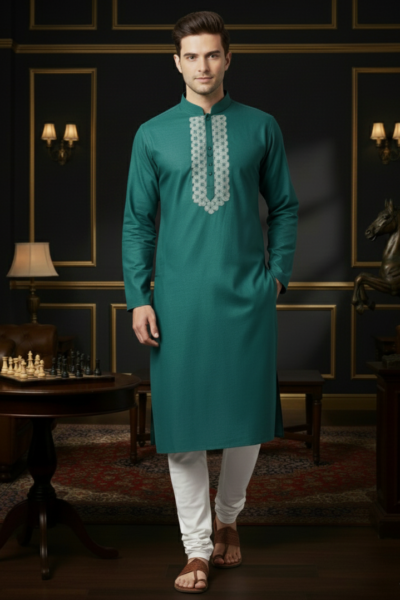 Green Cotton Men’s Kurta with Front Embroidery | Naushemian