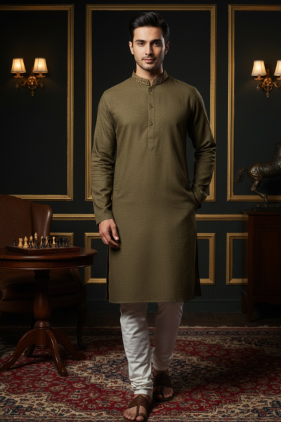 Green Cotton Blend Men’s Kurta with Collar Embroidery | Naushemian