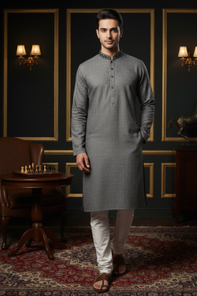 Gray Cotton Blend Men’s Kurta with Collar Embroidery | Naushemian