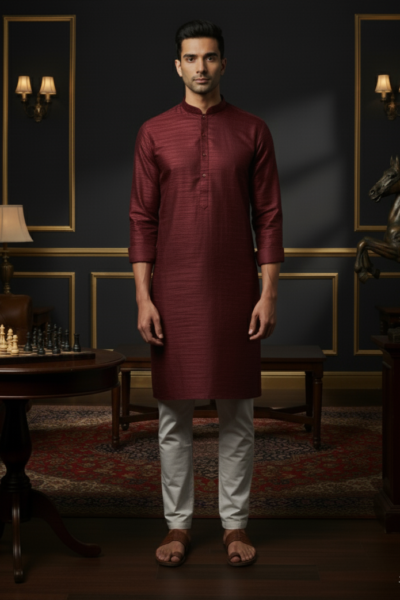 Maroon Cotton Blend Men’s Kurta with Collar Embroidery