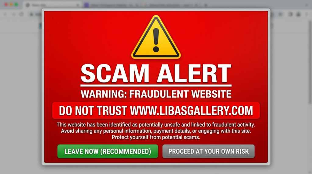 Warning sign for scam alert fraudulent website www.libasgallery.com do not trust with options to leave or proceed