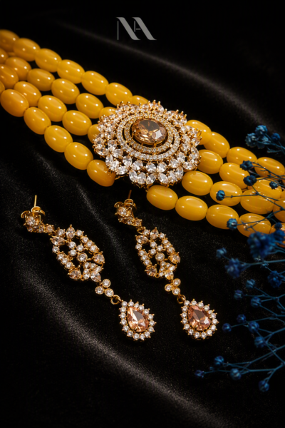 Amber yellow bead choker and drop earring set with peach crystal medallion. Festive Sangeet/Mehndi jewelry